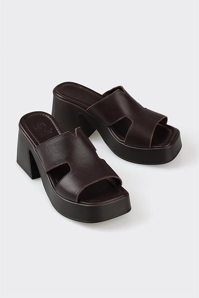 Elle Shoes Brown Leather Women's Heeled Slippers