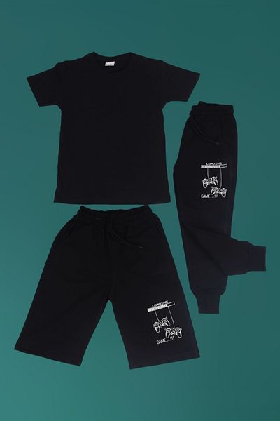 Çiggo Kids Tricou simplu din bumbac și pantaloni de sport imprimați pentru jocul de încărcare și combinație Capri din 3 piese