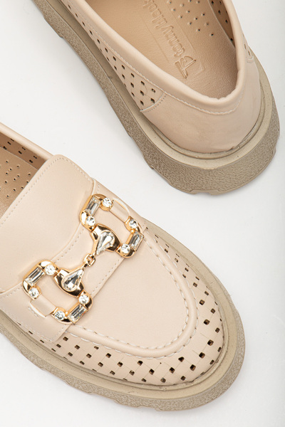 Tonny Black Kadın Ten Yanı Şerit Detaylı Önü Taşlı Tokalı Kalın Poli Taban Loafer