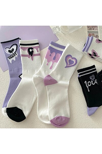 çorapmanya 4 Çift Kadın Çok Renkli Aşk / Kalp Desenli Kolej Çorap