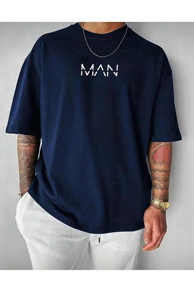 BYMEER Tricou oversize cu imprimeu albastru bleumarin pentru bărbați