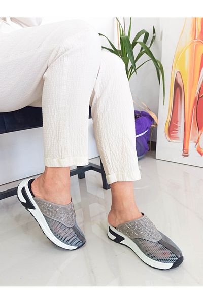 GDT Ayakkabı Gray Color Flat Sole Stoned Mesh Women's Sports Slippers