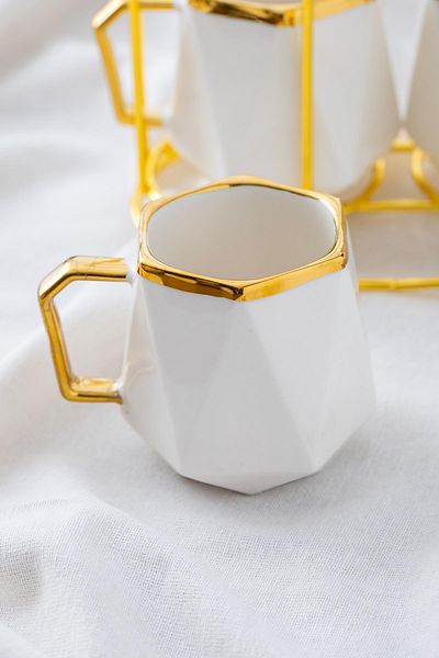 ACAR Gold Color 4-Person Porcelain Mug Set with Stand