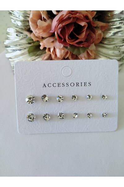 MİRAKSESUAR Silver Colored Crystal Stone Detailed Multiple Earrings Set