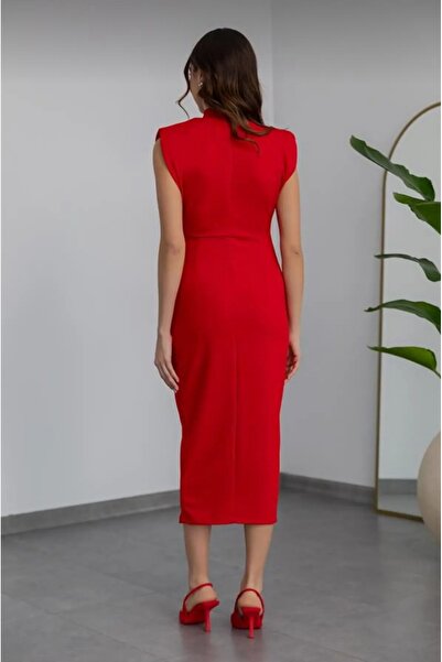 Secret Passion Lingerie KIRMIZI ESNEK KUMAŞ BROŞ DETAYLI VATKALI MİDİ BOY ABİYE ELBİSE 743