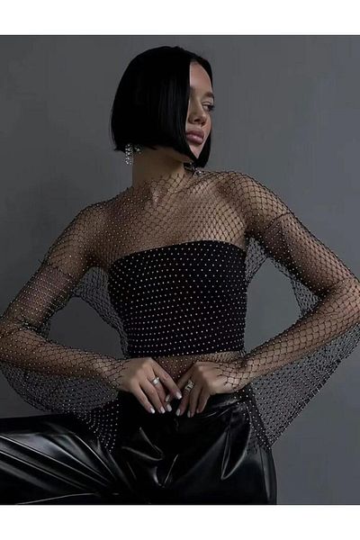 Mono Online Change Black Long Sleeve Crystal Rhinestone Crop Fishnet Blouse