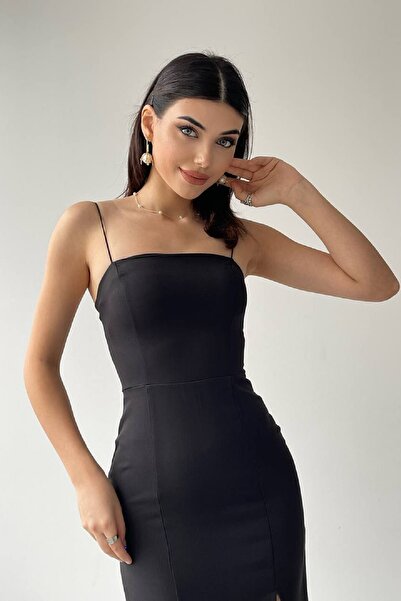 lovebox Dámské Atlas Textilie Detail rozparku Tenký ramínko 115 cm Midi Délka Bez ramínek Černé večerní šaty 160