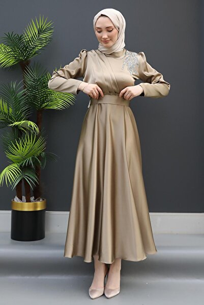 GİZ AGİYİM Βραδινό φόρεμα Light Mink Satin - Stones Shoulder