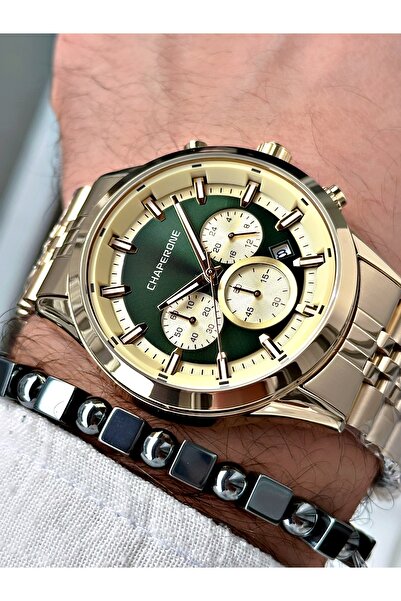 Chaperone Altın Renk  Çelik Kordon Fonksiyonlu Erkek Kol Saati + BİLEKLİK HED...