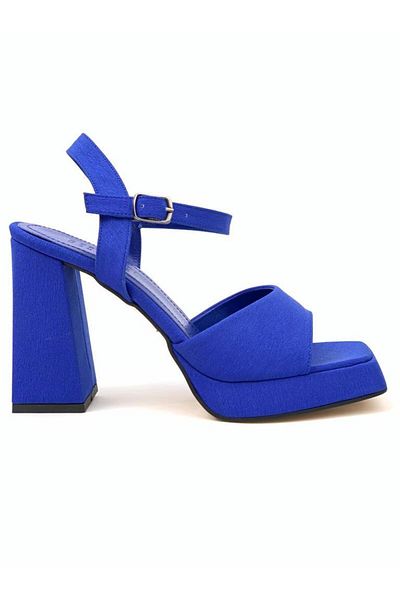 bescobel Women's Yorse Blue Single Bench Ankle Strap High Heel Platdorm Satin Shoes