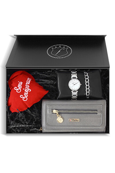 Forentina Özel Siyah Kutuda Gri Cüzdan Saat Bileklik-Kalpli Yastık Hediye Set...