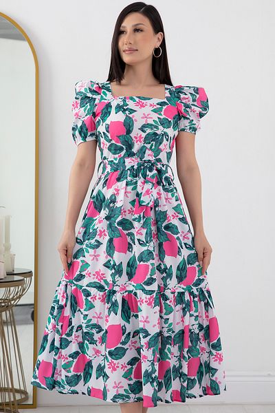 PULLIMM Țesătură popelin - guler pătrat și rochie cu curea cu imprimeu floral LHT1665