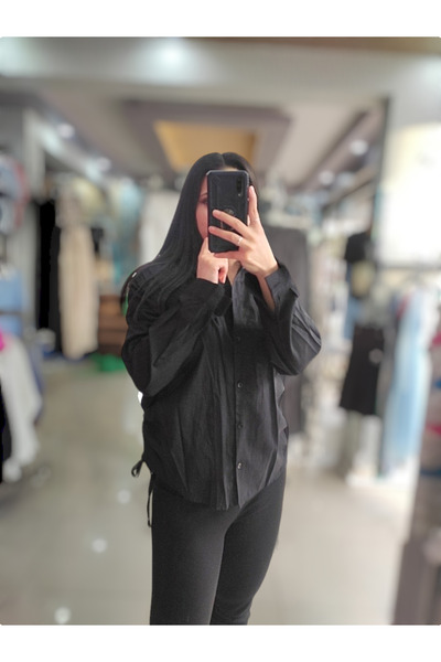 Sublime Butik Yanları Büzgülü Düşük Kol Salaş Siyah Gömlek