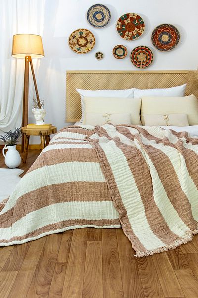 destinyhometex Tile 6-Layer Organic Linen Bed Sofa Cover 230x250cm/2 Pieces 50x70cm Pillowcase Set