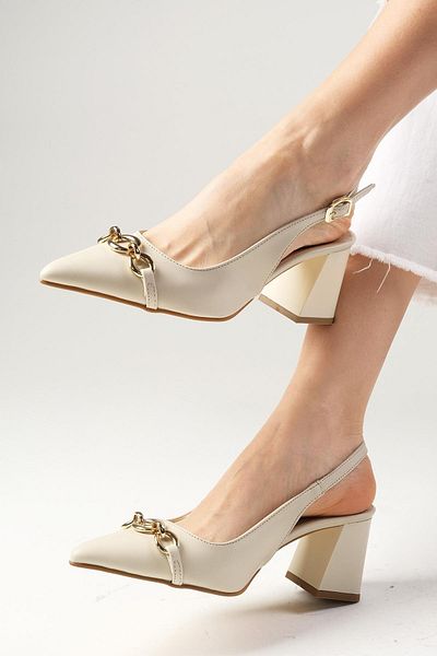 Mio Gusto Elvin Beige Pointed Toe Heeled Shoes with Chain Accessories