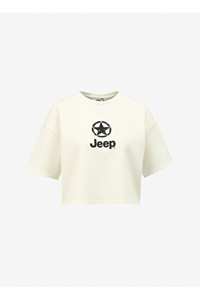 Jeep Bisiklet Yaka Baskılı Kırık Beyaz Kadın T-Shirt J4SL-TST7027
