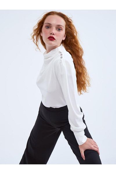 msendam Degaje Collar Single Shoulder Buttons Stone Detailed Long Sleeve Blouse Shirt – ECRU