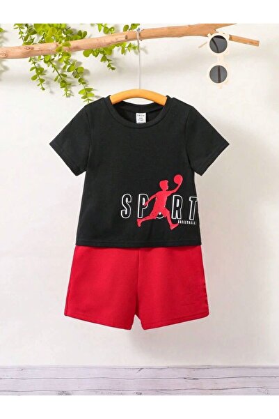 MORNİNG KİDS Σετ αγοριού Μαύρο-Κόκκινο Αθλητικό Μπάσκετ με στάμπα σορτς-φούτερ