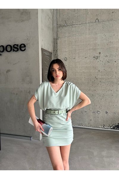 HARMONY GLOBAL Rochie mini cu decolteu în V, verde mentă, cu centură adunată pe două părți, căptușită cu lycra 4245