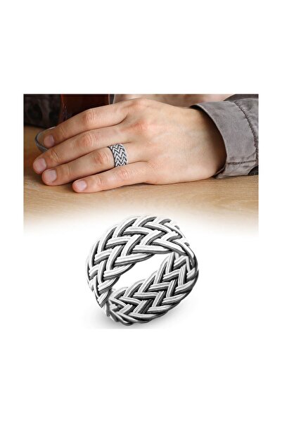 Tesbihane Beyaz-Siyah Renkli 1000 Ayar Gümüş Trabzon El Örmesi Kazaz Yüzük 102000418