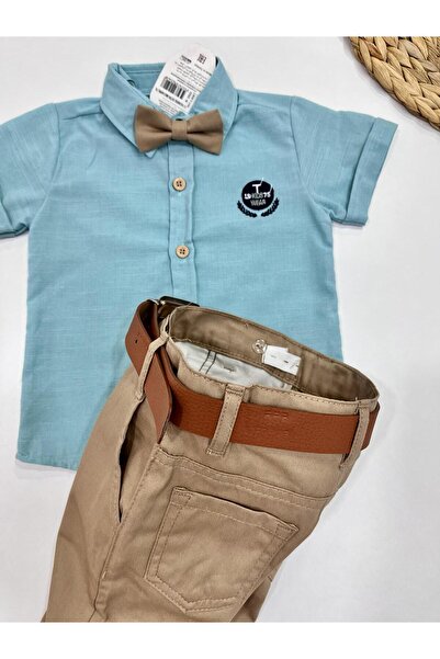 Esterella Boy's Set - Oxford Shirt, Bow Tie Neck, Short Sleeve, Belted Shorts