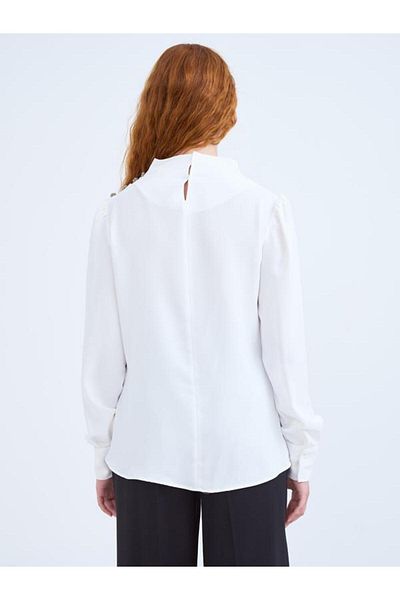 msendam Degaje Collar Single Shoulder Buttons Stone Detailed Long Sleeve Blouse Shirt – ECRU