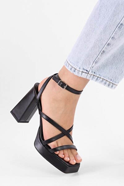 Shoeberry Kadın Shanty Siyah Cilt Platform Topuklu Ayakkabı