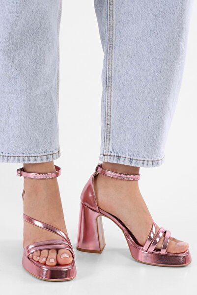 Shoeberry Women's Isobel Powder Shiny Metallic Platform Heeled Shoes