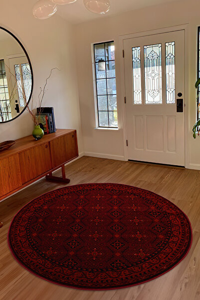 Giza Home Afgan Türkmen Otantik Desenli Dokuma Bordo Yuvarlak Oturma Odası Sa...