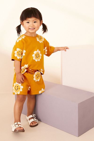 Next Baby Yellow Daisy Patterned 100% Cotton Shorts Set - Top and Bottom Set