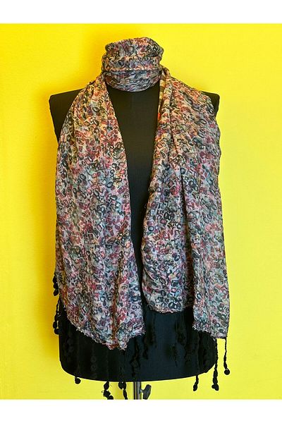 Gönülden Tasarım EșARFĂ DUBLĂ PLAIDĂ ȘI CUCURI DE FLORI 165X45 CM Negru