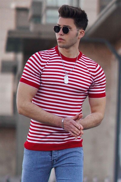 Madmext Πλεκτό ανδρικό T-Shirt με λαιμόκοψη Claret Red 4602