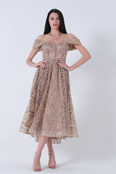 Feminist Sweetheart Collar Belted Sequin Tulle Midi Length Evening Dress Gold9705265