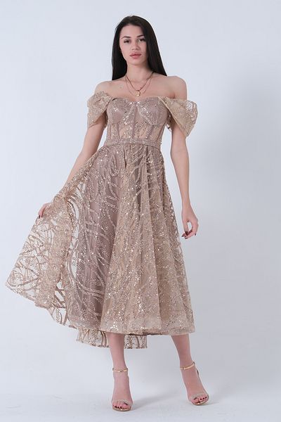 Feminist Sweetheart Collar Belted Sequin Tulle Midi Length Evening Dress Gold9705265