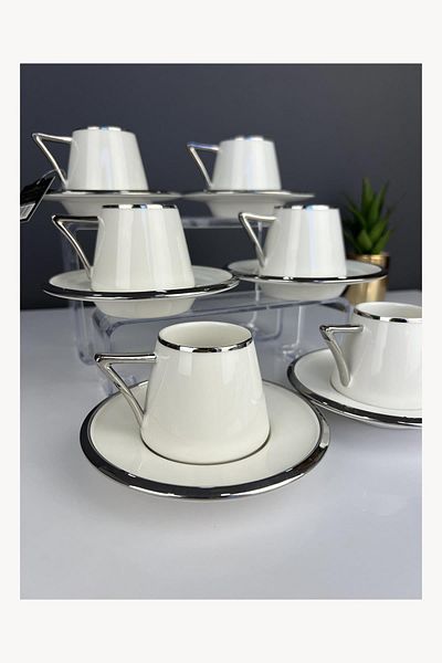 ACAR Luxury Porcelain Elora Silver 6-Piece Cup Set White