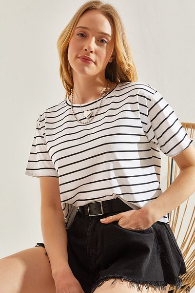 Bianco Lucci Pruhované dámské tričko Crew Neck -60241002