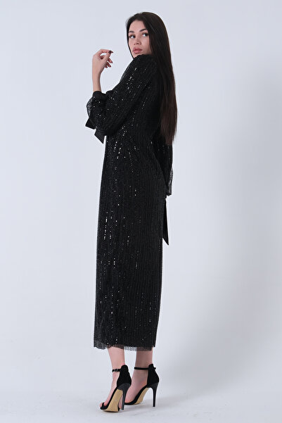 Feminist Bilek Ucu Saten Kurdele Pullu Tesettür Abiye Siyah 6502471