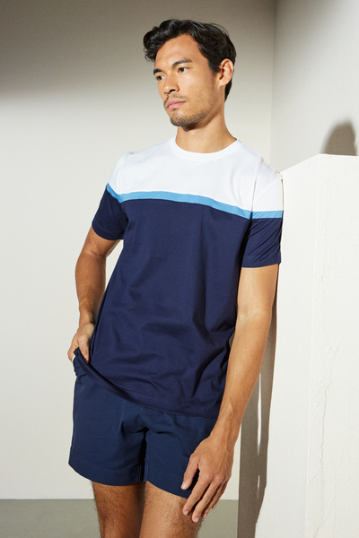 BROOKS BROTHERS Erkek Beyaz-Lacivert %100 Pamuk Bisiklet Yaka Tişört