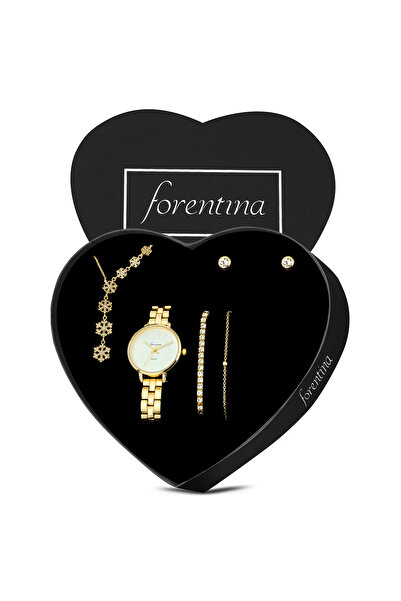 Forentina Gold Sallantılı Kartanesi Kolye Küpe Bileklik Saat Hediye Set PS3525