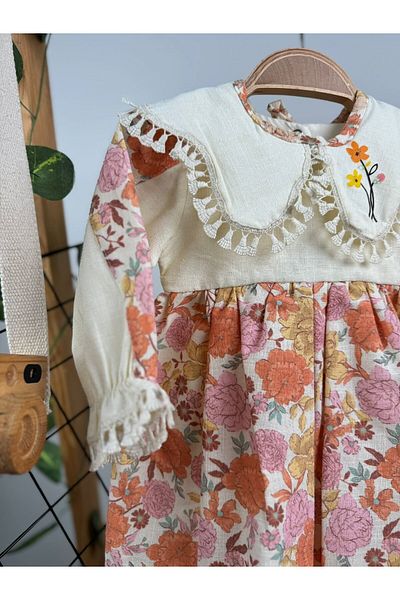 Minizade Autumn Floral Fringed Stylish Baby Girl Dress