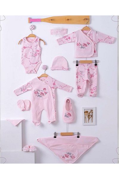 Buse&Eylül Bebe Floral Patterned 11 Piece Baby Girl Hospital Release