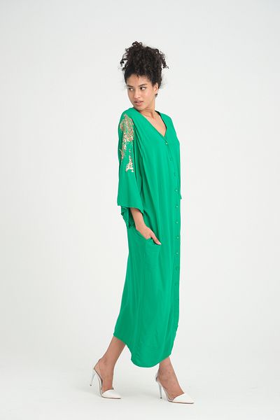 Eceyaman moda Women's Green Back and Sleeves Yellow Sequin Embroidered Large Size Dress