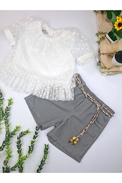 Butik قميص بناتي من التول مكشكش مع تفاصيل حزام من الكتان، طقم مزدوج من السراويل القماشية