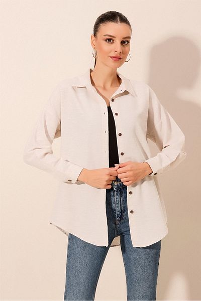 Bigdart Women's Cream Plain Oversize Long Basic Shirt 3900