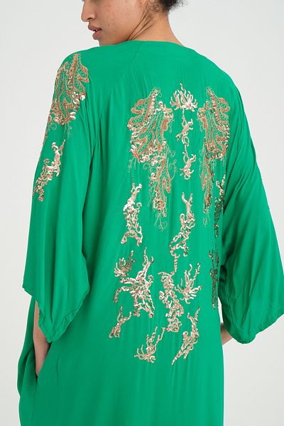 Eceyaman moda Women's Green Back and Sleeves Yellow Sequin Embroidered Large Size Dress