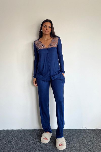 misigo Set pijama cu dantela brodata albastru Parlament - Design cu nasturi in fata