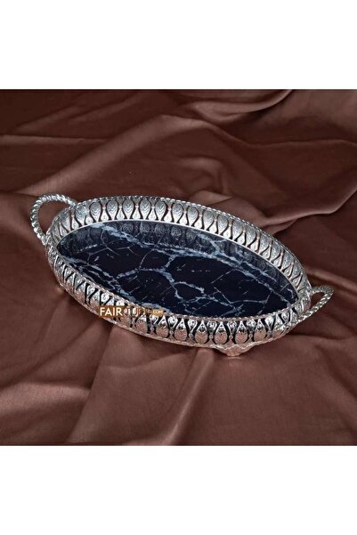İnova Home Decor Gümüş Renk Oval Metal Mermer Desen Metal Servis - Söz Tepsisi