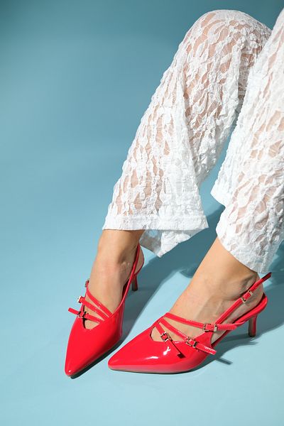 LuviShoes MAGRA Red Patent Leather Pointed Toe Open Back Thin Heeled Women's Shoes