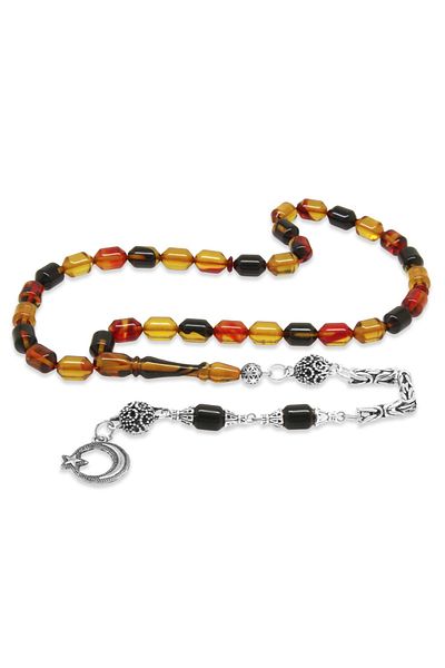Tesbihane Non-Tarnish Metal King Chain Tasseled End Capsule Cut Bala-Black Fire Amber Prayer Beads