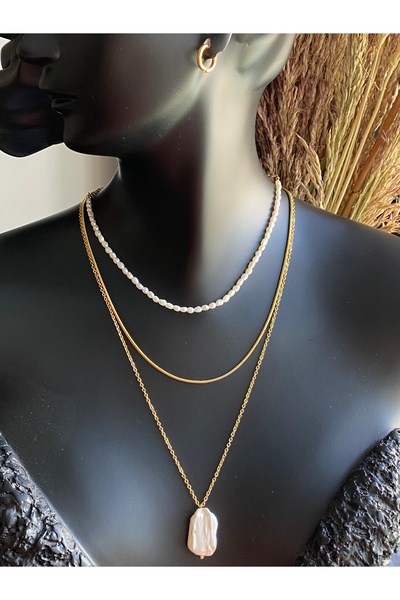 Lucios Barok inci detaylı gerçek inci paslanmaz çelik 3'lü kombin kolye (özel...